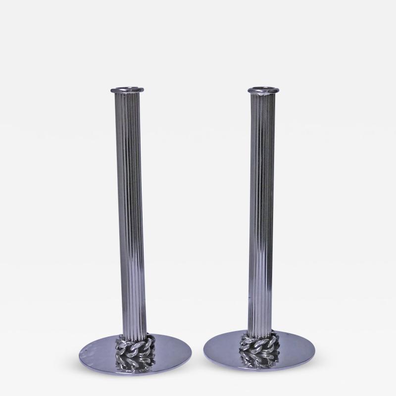 Jean Despr s Pair of Silvered Metal Candlesticks Signed C 1950