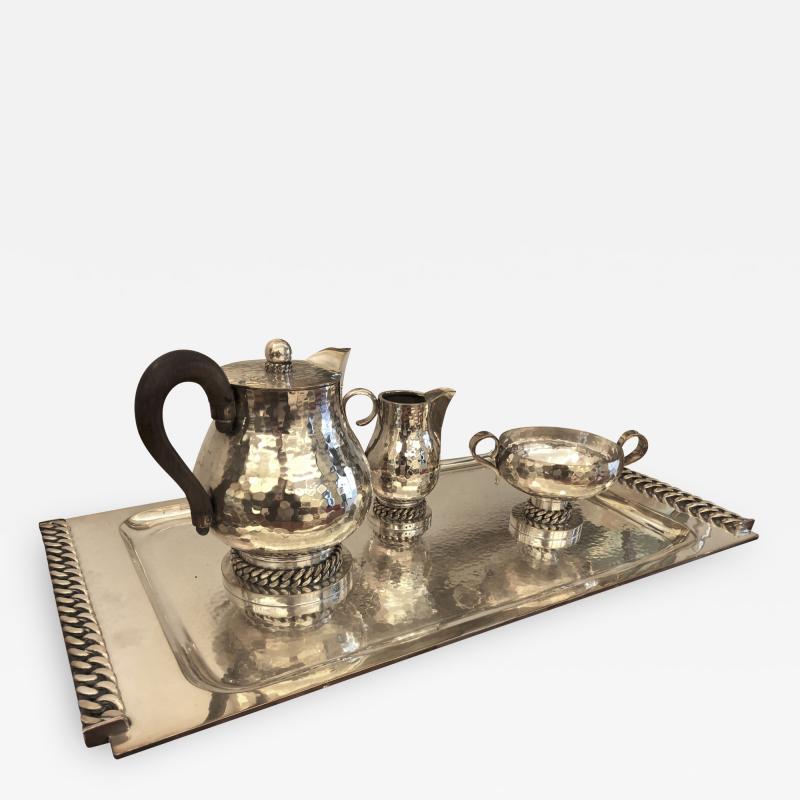 Jean Despres Jean Despres Stamped Superb Big Tea Set in Hammered Silvered Tin