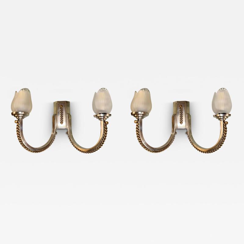 Jean Despres Pair of Signed Jean Despr s Sconces Silver Plate with Gilt Chainlink Detail