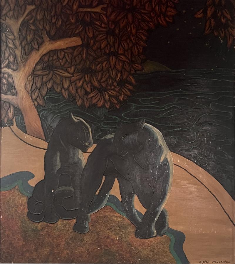 Jean Dunand FANTASTICAL ART DECO BLACK PANTHERS STAR GAZING ON BEACH PAINTING JEAN DUNAND