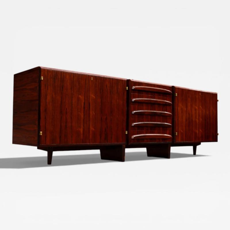 Jean Gillon Brazilian Modern Rosewood Credenza with Brass Details by Jean Gillon