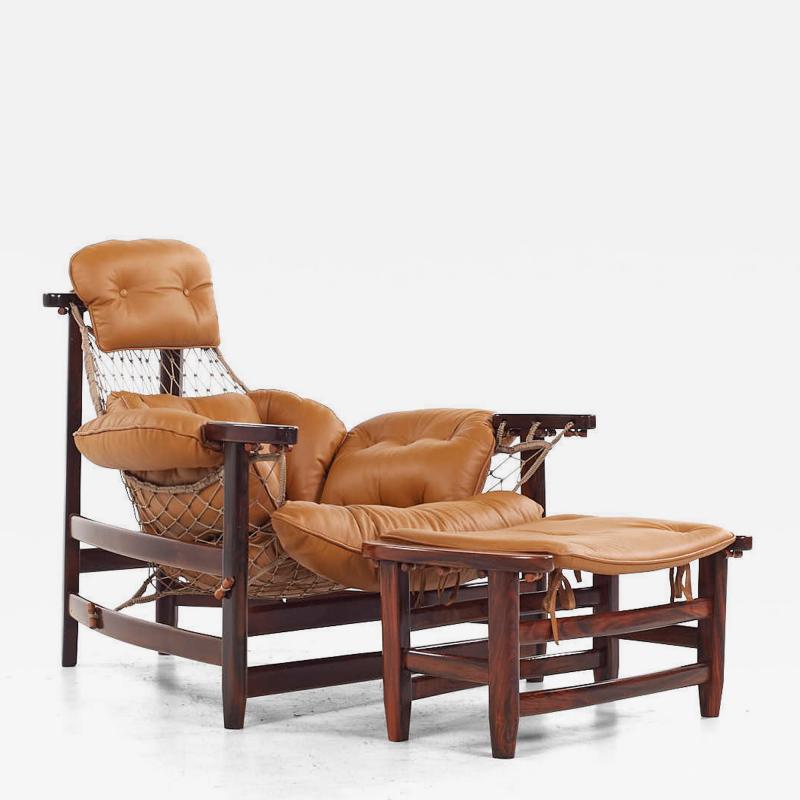Jean Gillon Jean Gillon Jangada Brazilian Rosewood Leather Lounge Chair with Ottoman