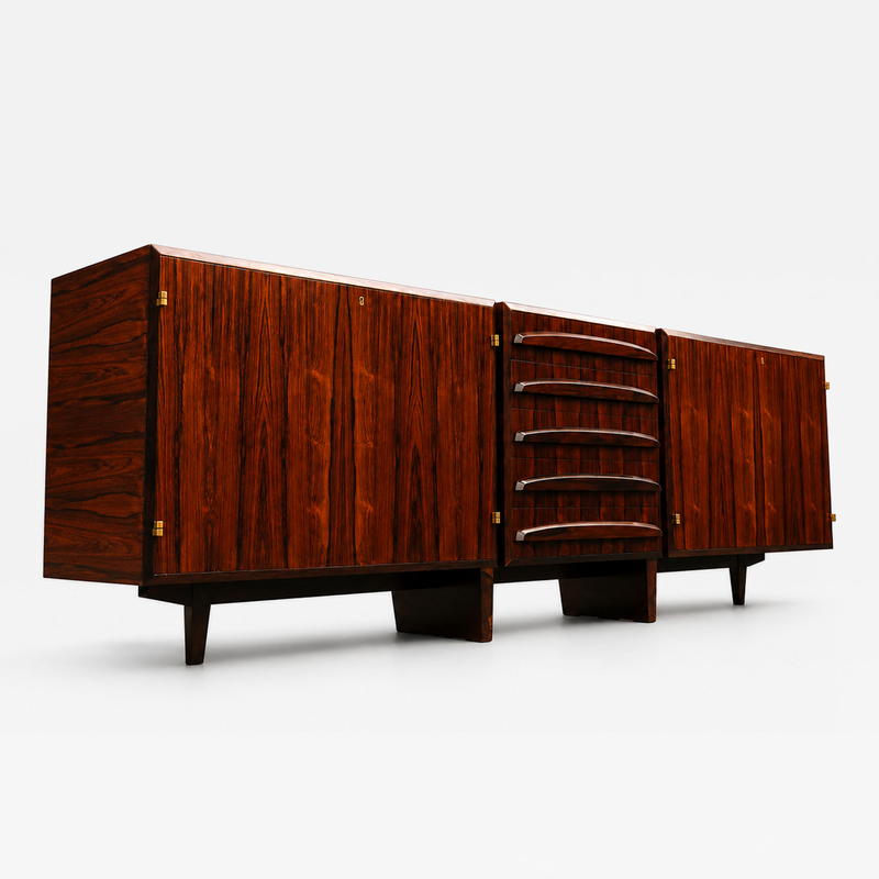 Jean Gillon Rosewood Credenza with Sculptural Drawers Brazil 1960s