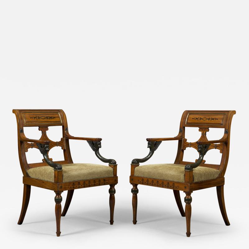 Jean Joseph Chapuis PAIR OF NEOCLASSICAL EBONY AND GILT BRASS INLAID ARMCHAIRS