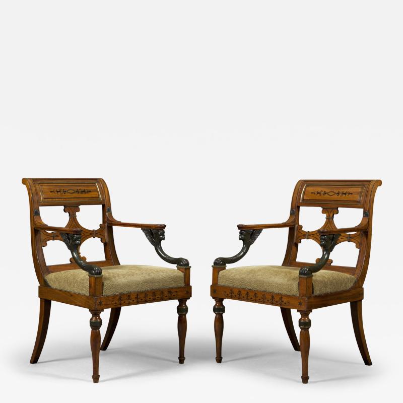 Jean Joseph Chapuis PAIR OF NEOCLASSICAL EBONY AND GILT BRASS INLAID ARMCHAIRS
