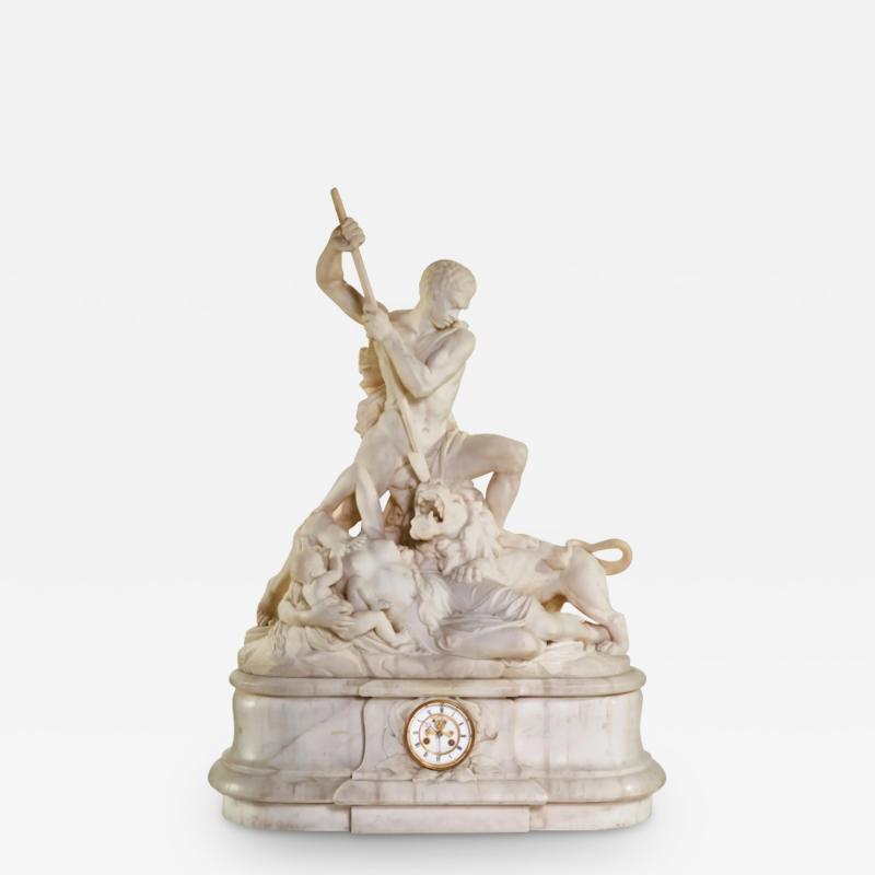 Jean Joseph Jacquet An Exceptional White Marble Figural Sculpture Clock A Nubian Slaying The Lion 