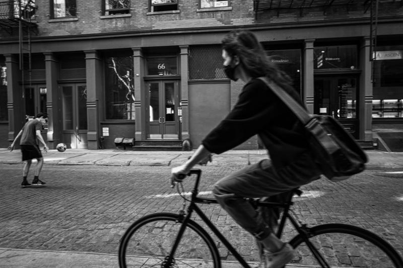 Jean Luc Fievet Covid 19 2020 04 28 NY Crosby St Biker Soccer Game Black and White Photograph