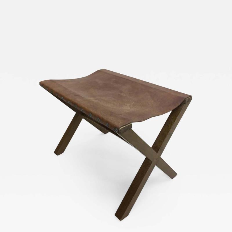 Jean Michel Frank 2 French Midcentury Wood and Studded Leather X Frame Benches Jean Michel Frank