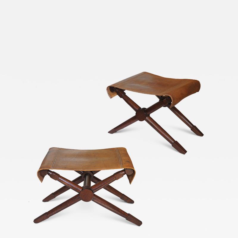 Jean Michel Frank Excellent pair of Folding Benches in Oak and Leather by Jean Michel Frank