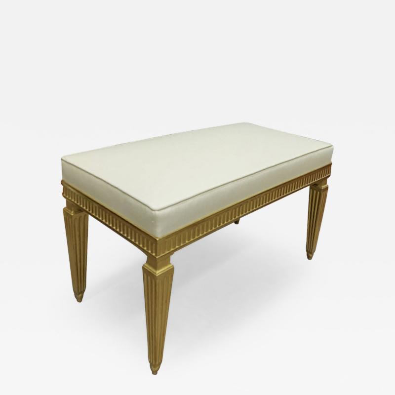Jean Michel Frank J M Frank style refined neo classic gold leaf carved wood bench covered in silk