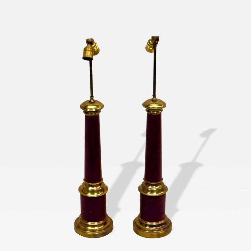 Jean Michel Frank Pair French Midcentury Modern Brass Red Enamel Table Lamps