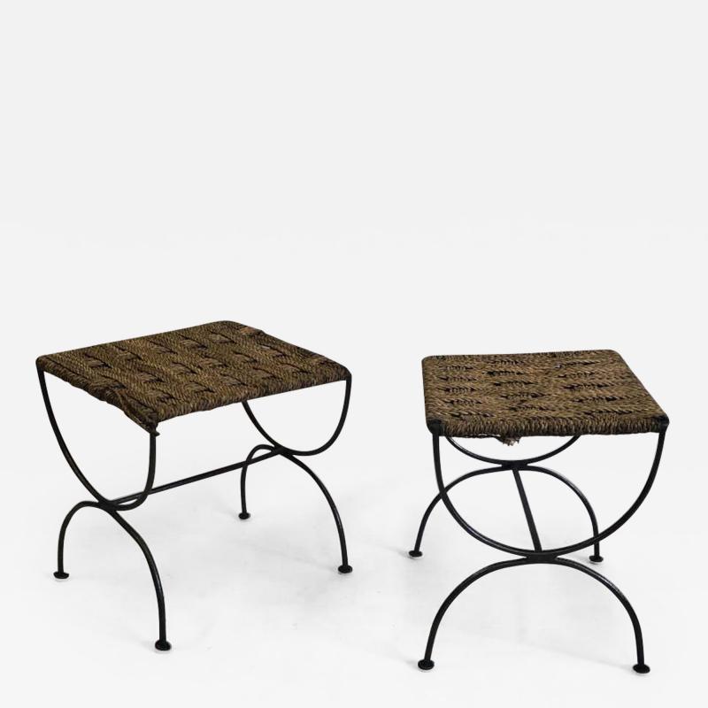 Jean Michel Frank Pair of French Mid Century Modern Iron Rope Stools Benches Jean Michel Frank
