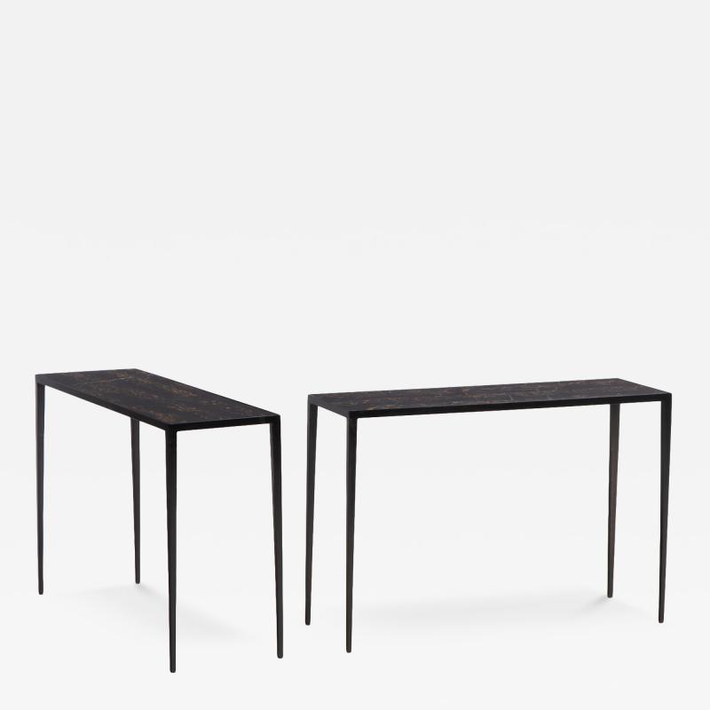 Jean Michel Frank Pair of Iron Marble Console Tables in the manner of Jean Michel Frank 