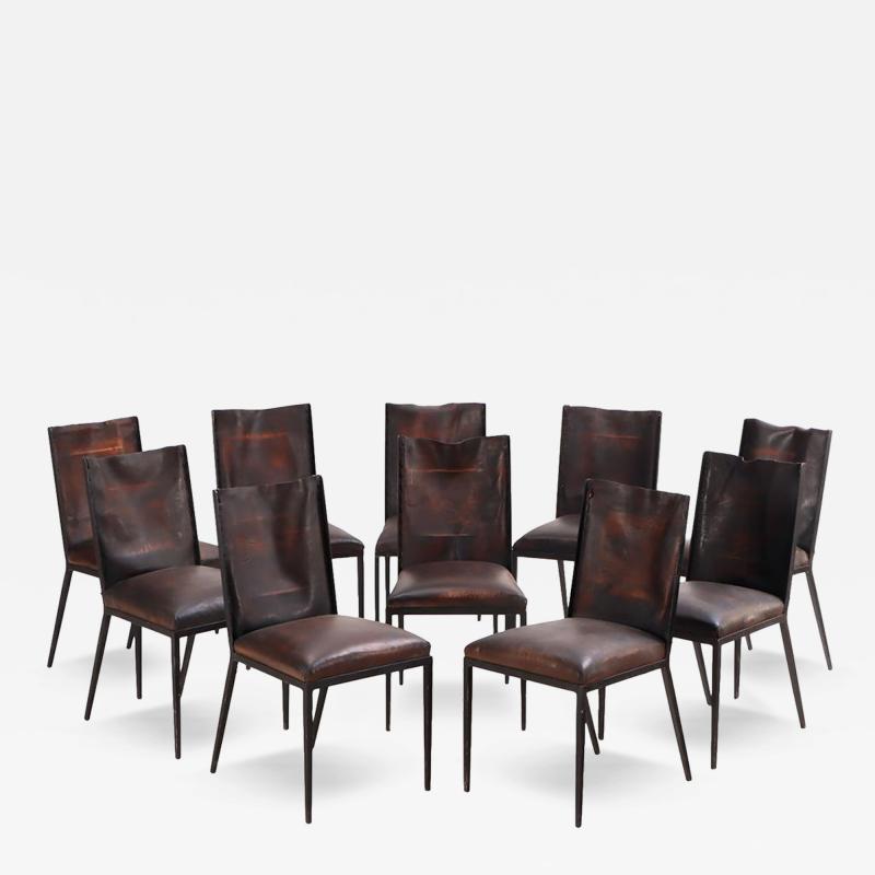 Jean Michel Frank Set of 10 iron and leather dining chairs in the manner of Jean Michel Frank 