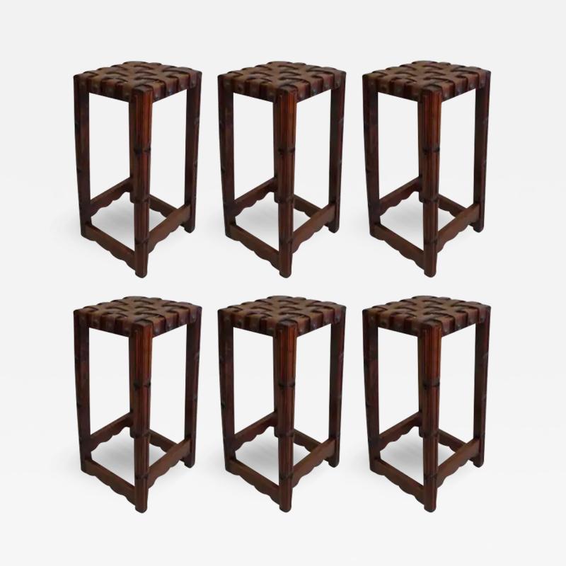 Jean Michel Frank Six French Mid Century Modern Craftsman Wood and Leather Strap Bar Stools 1940
