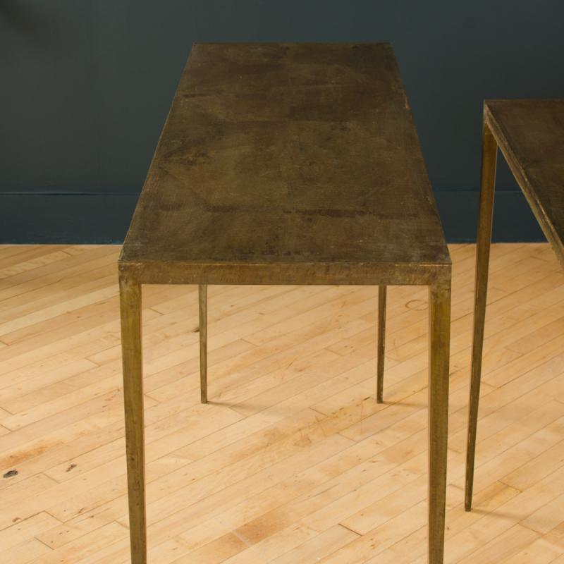 Jean-Michel Frank - A pair of wrought iron console tables, bronze wash ...