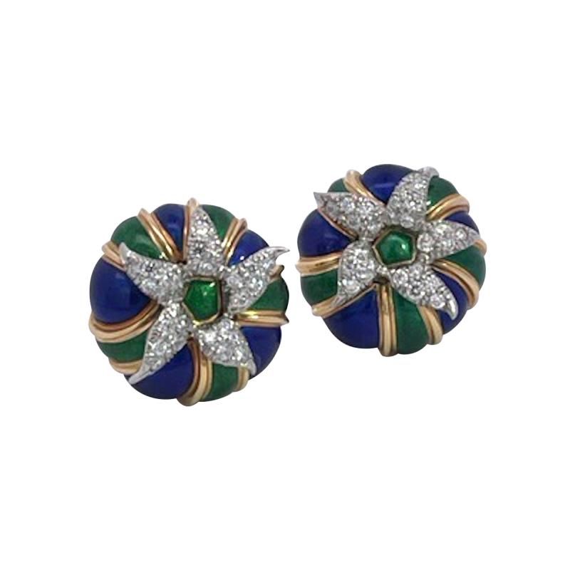 Jean Michel Schlumberger Tiffany Schlumberger Enamel Earrings 18K Diamonds