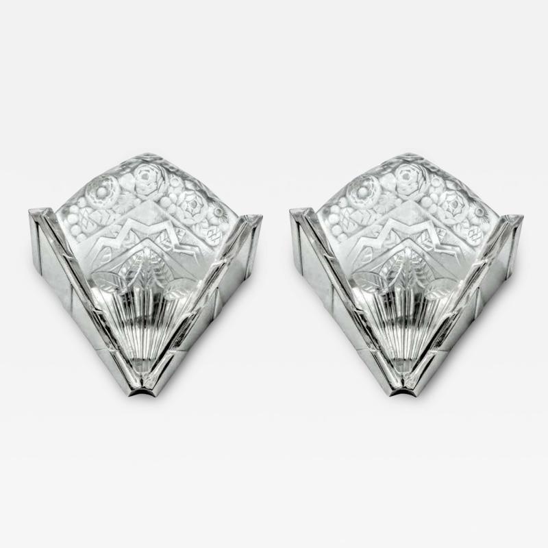 Jean Noverdy Pair of French Art Deco Flower Geometric Wall Sconces Signed by Noverdy