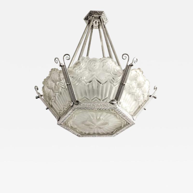 Jean Noverdy Pair of French Art Deco Pendant Chandelier signed by Noverdy