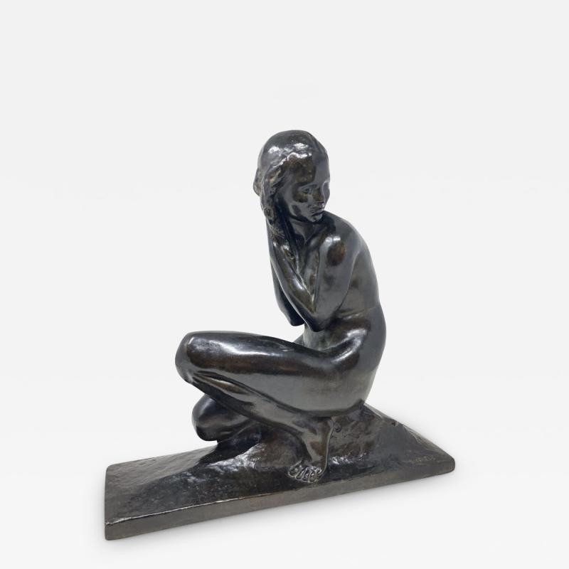 Jean Ortis Art Deco Bronze Sculpture by Jean Ortis NU FEMININ ACCROUPI 1930s