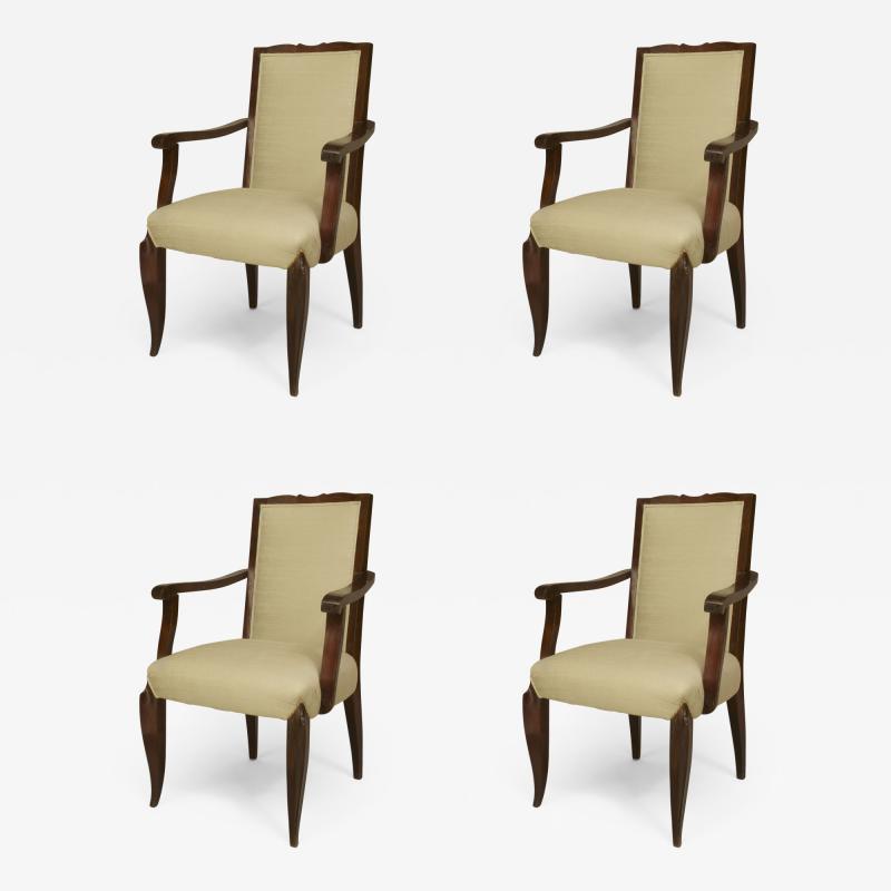 Jean Pascaud Set of 4 French Art Deco style 1950s Mahogany Stained Open Armchairs