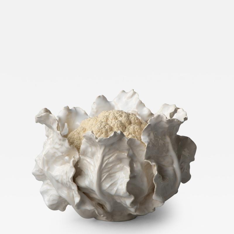 Jean Paul Gourdon MEDIUM LIFE SIZE SCULPTURE OF A CAULIFLOWER IN MATT AND GLAZED WHITE FA ENCE