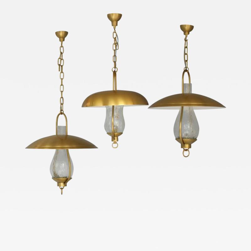 Jean Perzel 3 Fine French Bronze and Craquel Glass Hanging Lanterns by Jean Perzel