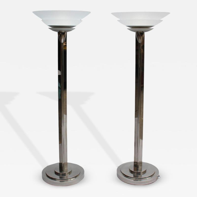 Jean Perzel A Pair of Fine French Art Deco Nickel and Glass Floor Lamps by Perzel