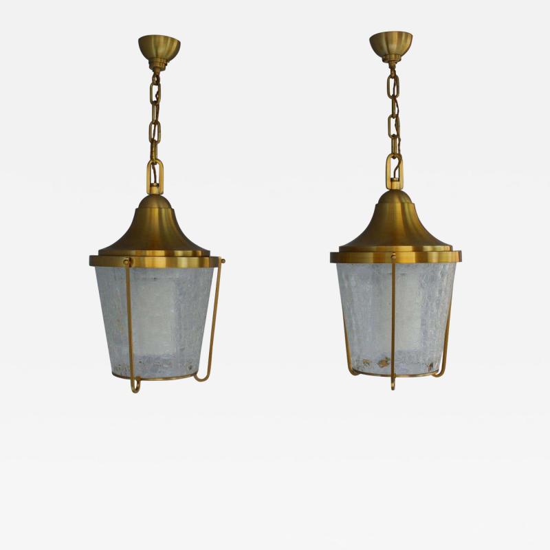 Jean Perzel A Pair of Hanging Bronze and craquel glass Lanterns by Jean Perzel