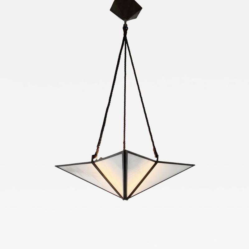 Jean Perzel Art Deco Bronze and Opaline Glass Stellate Pendant Light