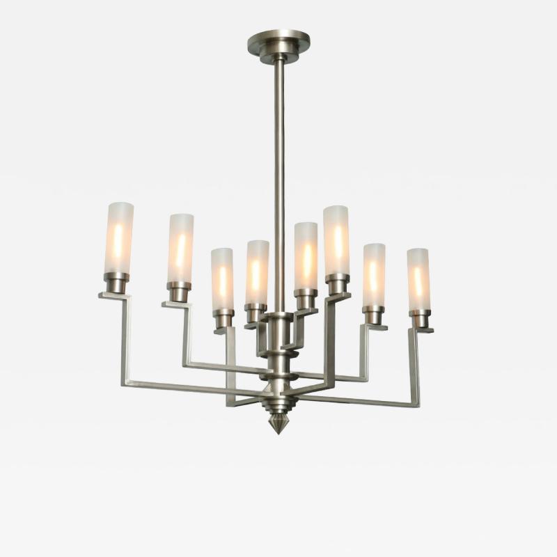 Jean Perzel Fine French Art Deco Hand Cut Steel and Glass Eight Arm Chandelier Jean Perzel