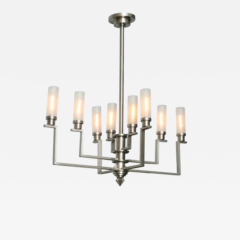 Jean Perzel Fine French Art Deco Hand Cut Steel and Glass Eight Arm Chandelier Jean Perzel
