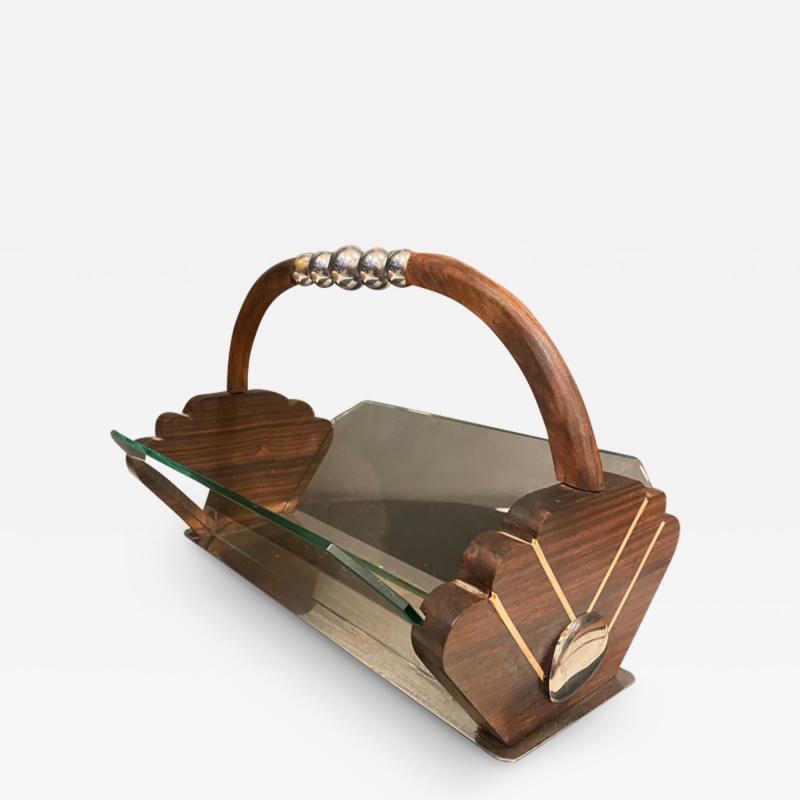 Jean Perzel MODERNIST FRENCH ART DECO EXOTIC WOOD GLASS AND CHROME BASKET