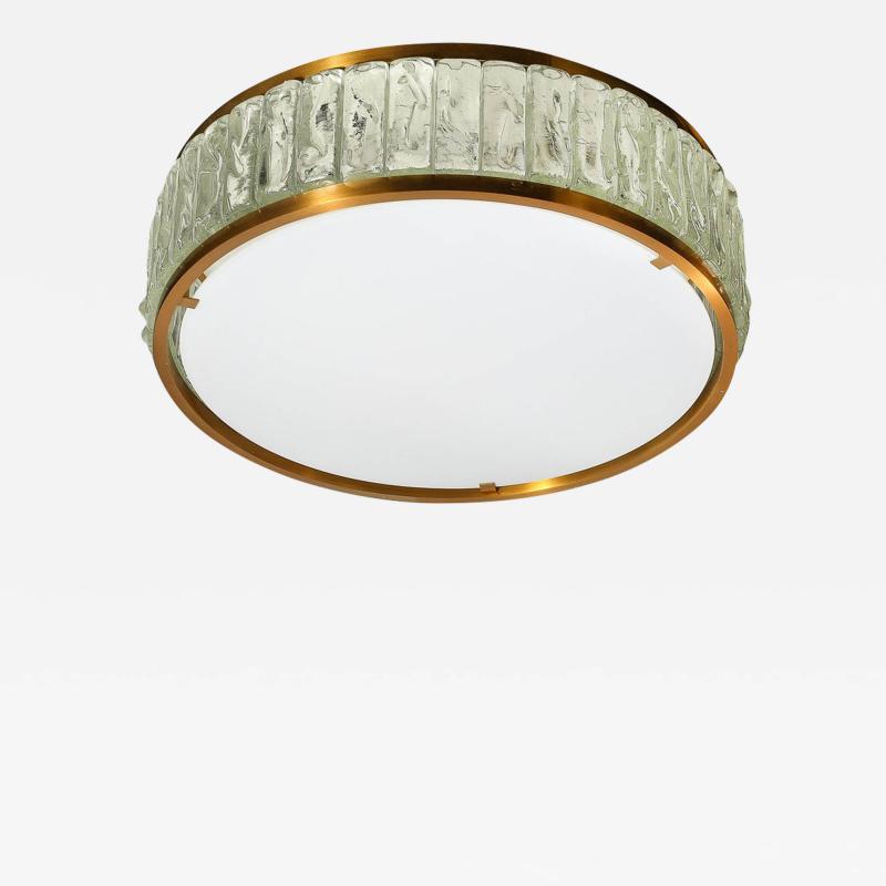 Jean Perzel Mid Century Brass Fitted Textured Frosted Glass Flush Mount by Jean Perzel