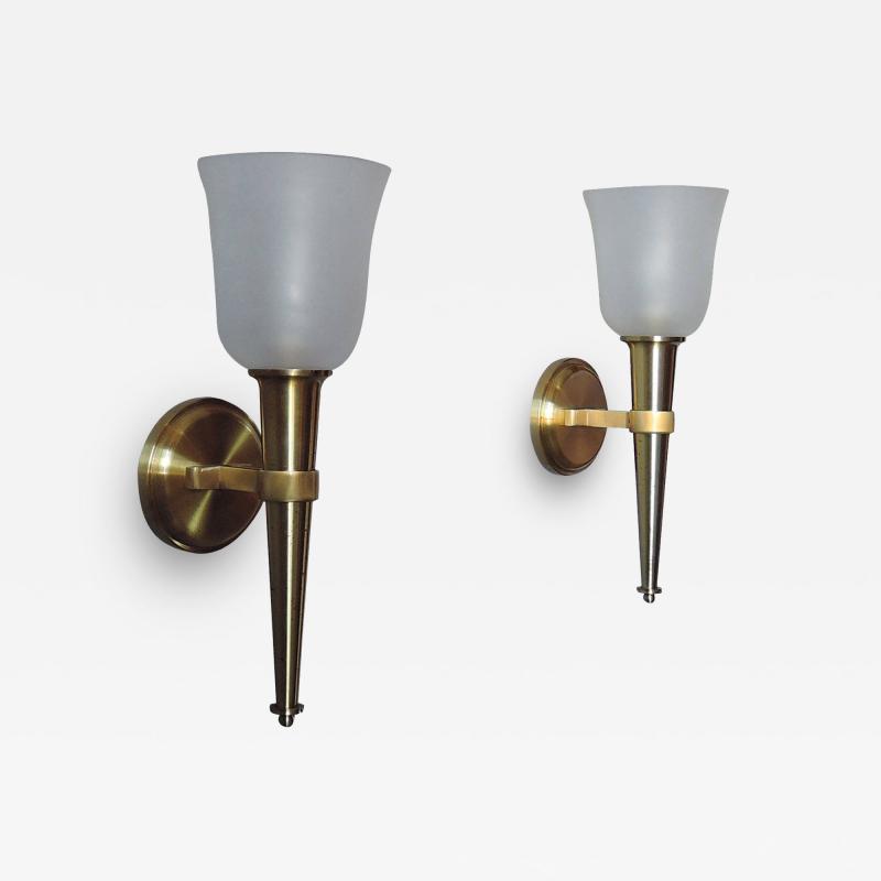 Jean Perzel Pair of French 1950s Bronze and Glass Torch Sconces by Jean Perzel