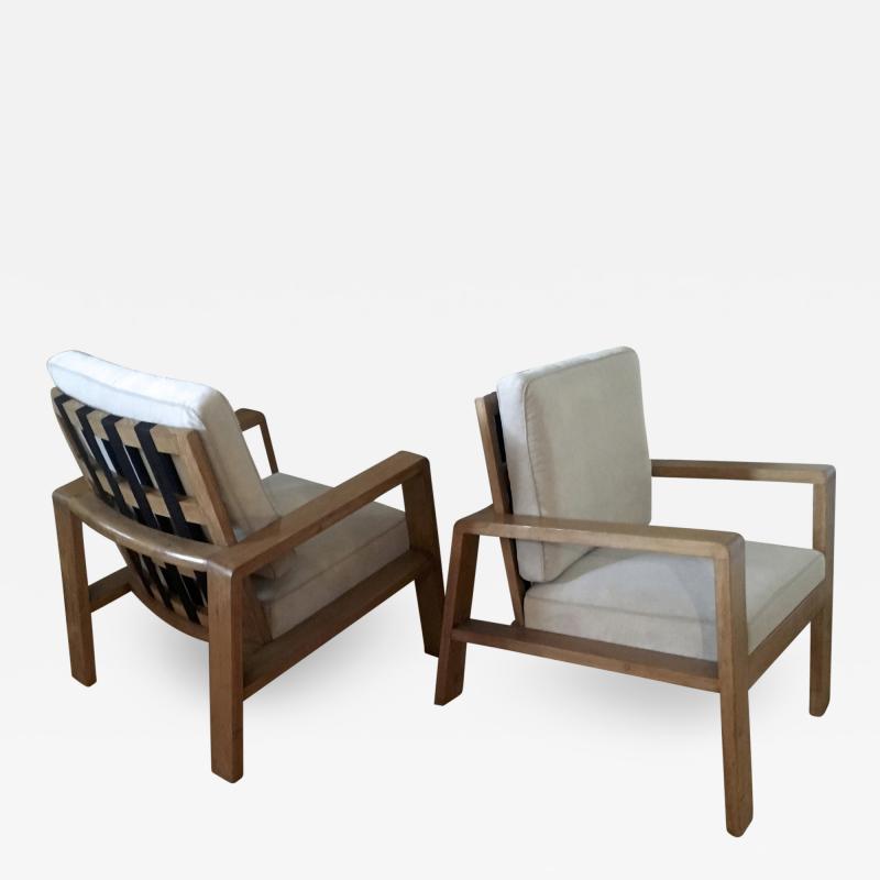 Jean Roy re Jean Royere Documented Pair of Oak Lounge Chairs Covered in Beige Mohair Velvet