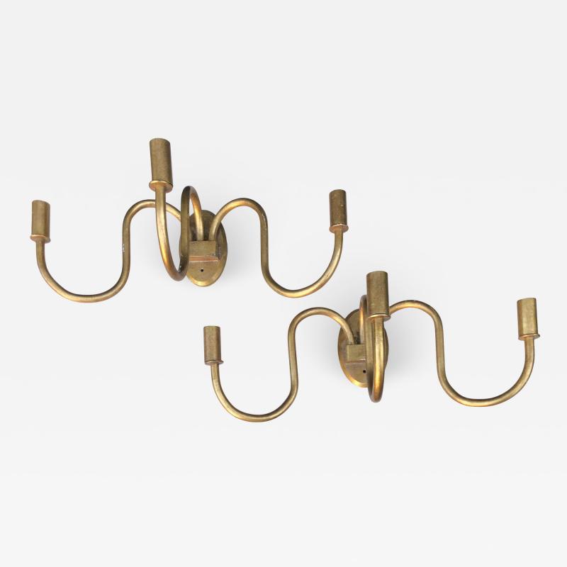 Jean Roy re Jean Royere Mid Century Modern Gilt Metal 2 Lite Wall Sconces a Pair