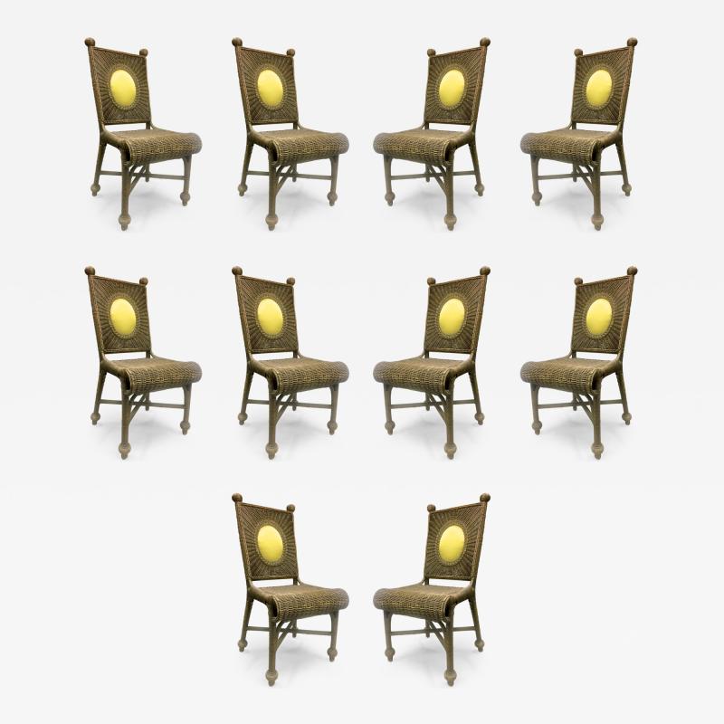 Jean Roy re Jean Royere Style 40s Rare Set of 10 Rattan Dining Chairs in Vintage Condition