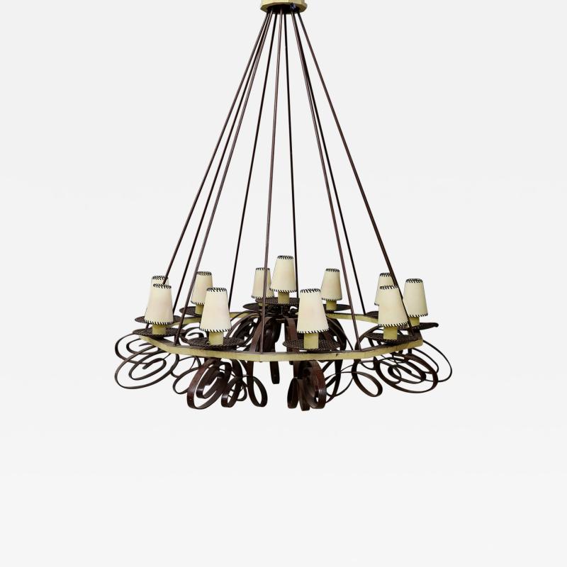 Jean Roy re MidCentury French Chandelier in forged iron attributed to Jean Roy re 1950s