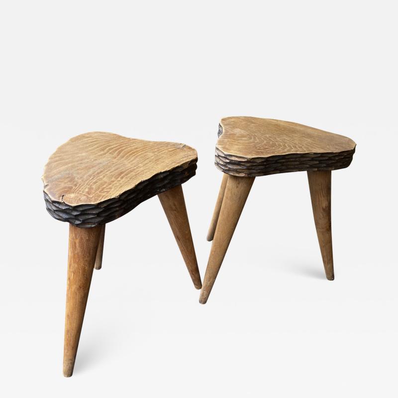 Jean Touret Jean Touret style brutalist pair of oak tripod stools carved a la gouge 