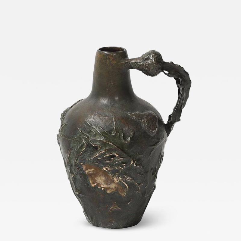 Jeanne Jozon Art Nouveau Bronze Flagon Maiden Enveloped in Milk Thistle signed Jeanne Jozon