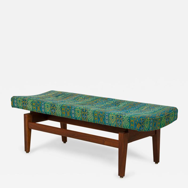 Jens Risom Blue and Green Southwestern Pattern Upholstery and Wood Floating Bench
