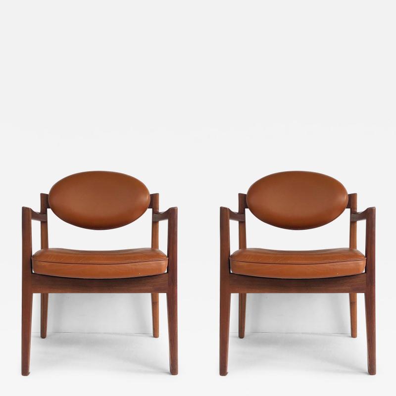 Jens Risom Jens Risom Design Pair of Oiled Walnut Leather Upholstered Armchairs c 1965