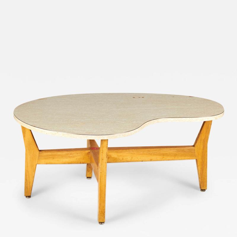Jens Risom Jens Risom Kidney Shaped Beige Mica And Walnut Cocktail Coffee Table