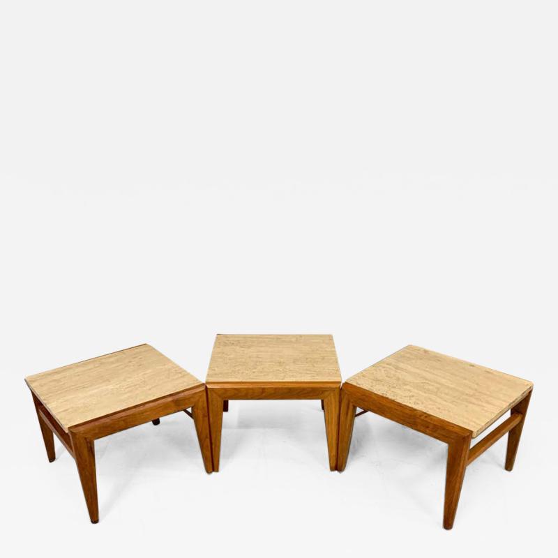 Jens Risom Mid Century Trio of Walnut and Travertine Stools or Bench by Jens Risom