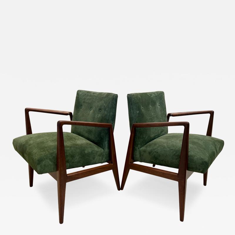 Jens Risom Original Vintage Jens Risom Armchairs in Green Suede w Label PAIR