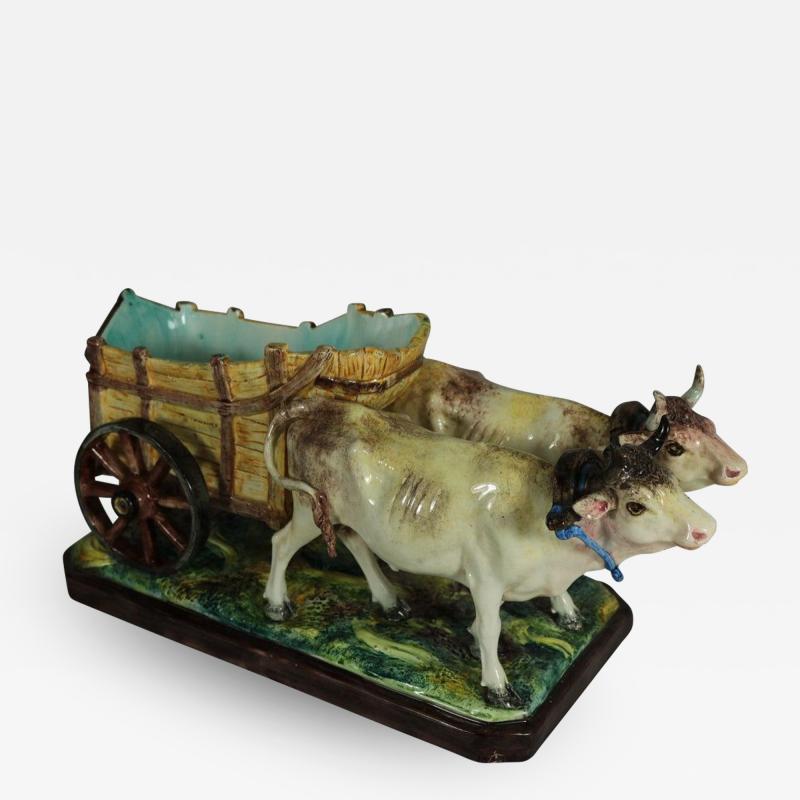 Jerome Massier Jerome Massier Fils Majolica Ox and Cart Flower Holder