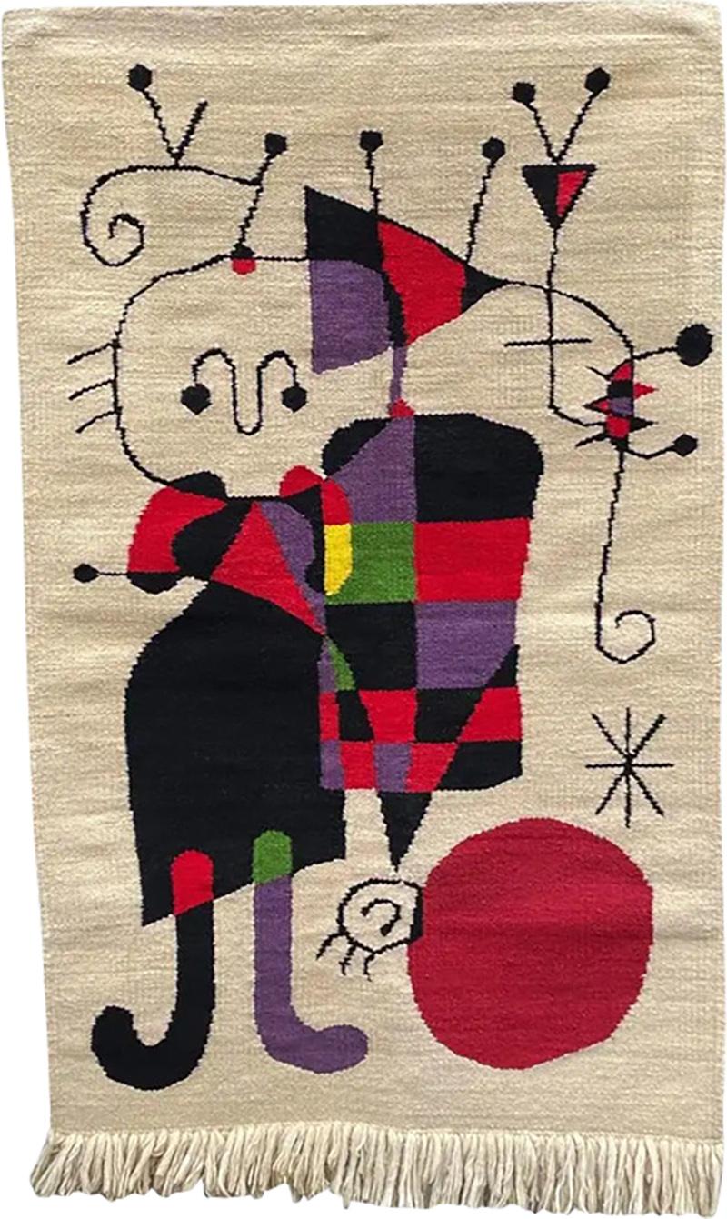 Joan Mir Mid Century Modern Hand Knotted Abstract Art Rug Wall Tapestry After Joan Miro