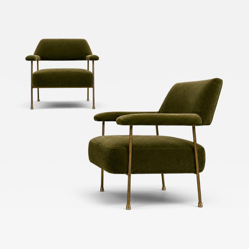 Joaquim Tenreiro Brazilian Modern Pair of Armchairs in Aged Brass Olive Green Mohair