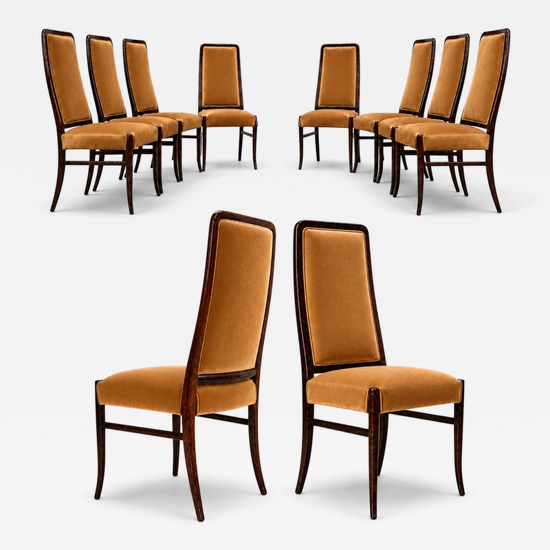 Joaquim Tenreiro Set of 10 Dining Chairs in Brazilian Rosewood Italian Mohair Velvet